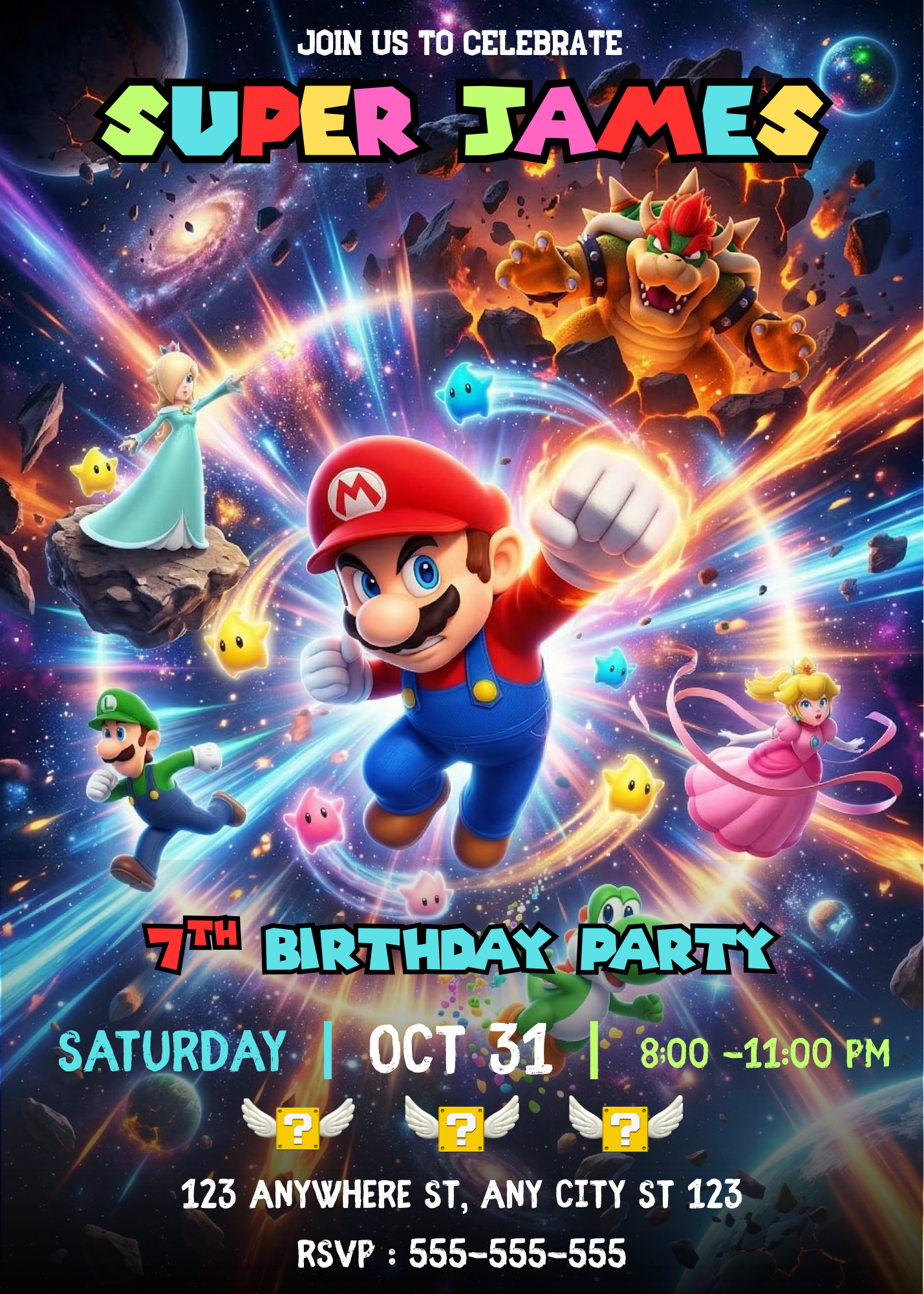 Super Mario Galaxy Birthday Invitation, Editable Outer Space Party Invite Canva Template CreativeRino