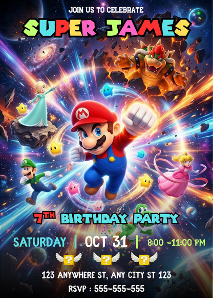 Super Mario Galaxy Birthday Invitation, Editable Outer Space Party Invite Canva Template CreativeRino