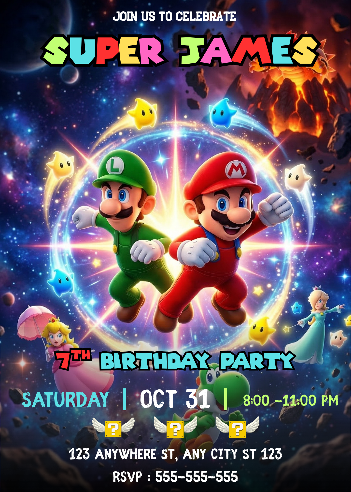 Luigi Super Mario Galaxy Birthday Invitation, Luigi Birthday Invite, Editable Outer Space Party Invite Canva Template CreativeRino