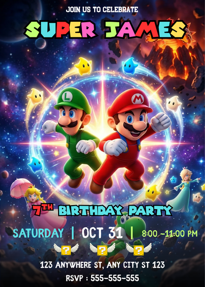 Luigi Super Mario Galaxy Birthday Invitation, Luigi Birthday Invite, Editable Outer Space Party Invite Canva Template CreativeRino
