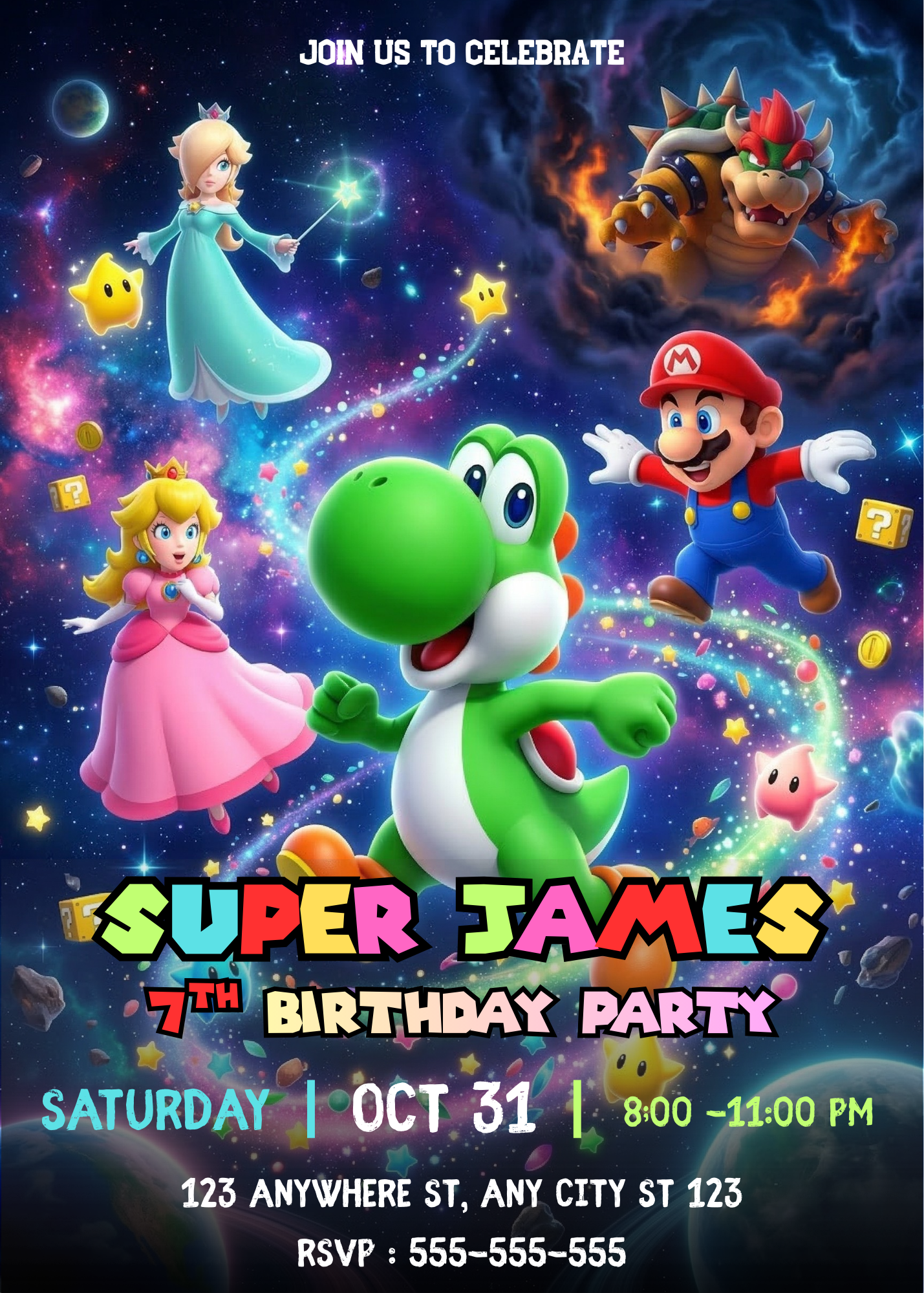 Yoshi Birthday Invitation, Mario Galaxy Birthday Invitation, Editable Outer Space Party Invite Canva Template CreativeRino