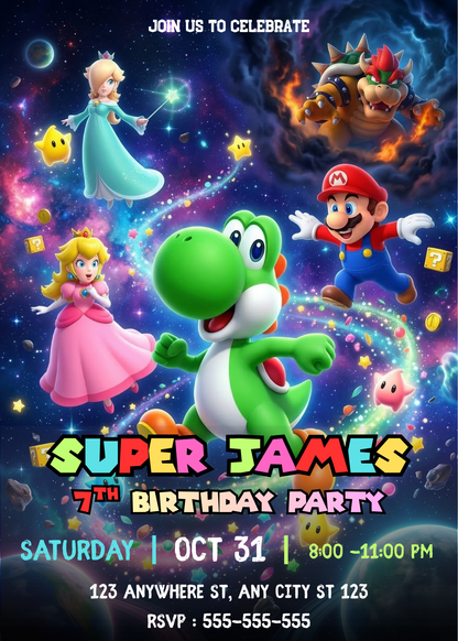 Yoshi Birthday Invitation, Mario Galaxy Birthday Invitation, Editable Outer Space Party Invite Canva Template CreativeRino