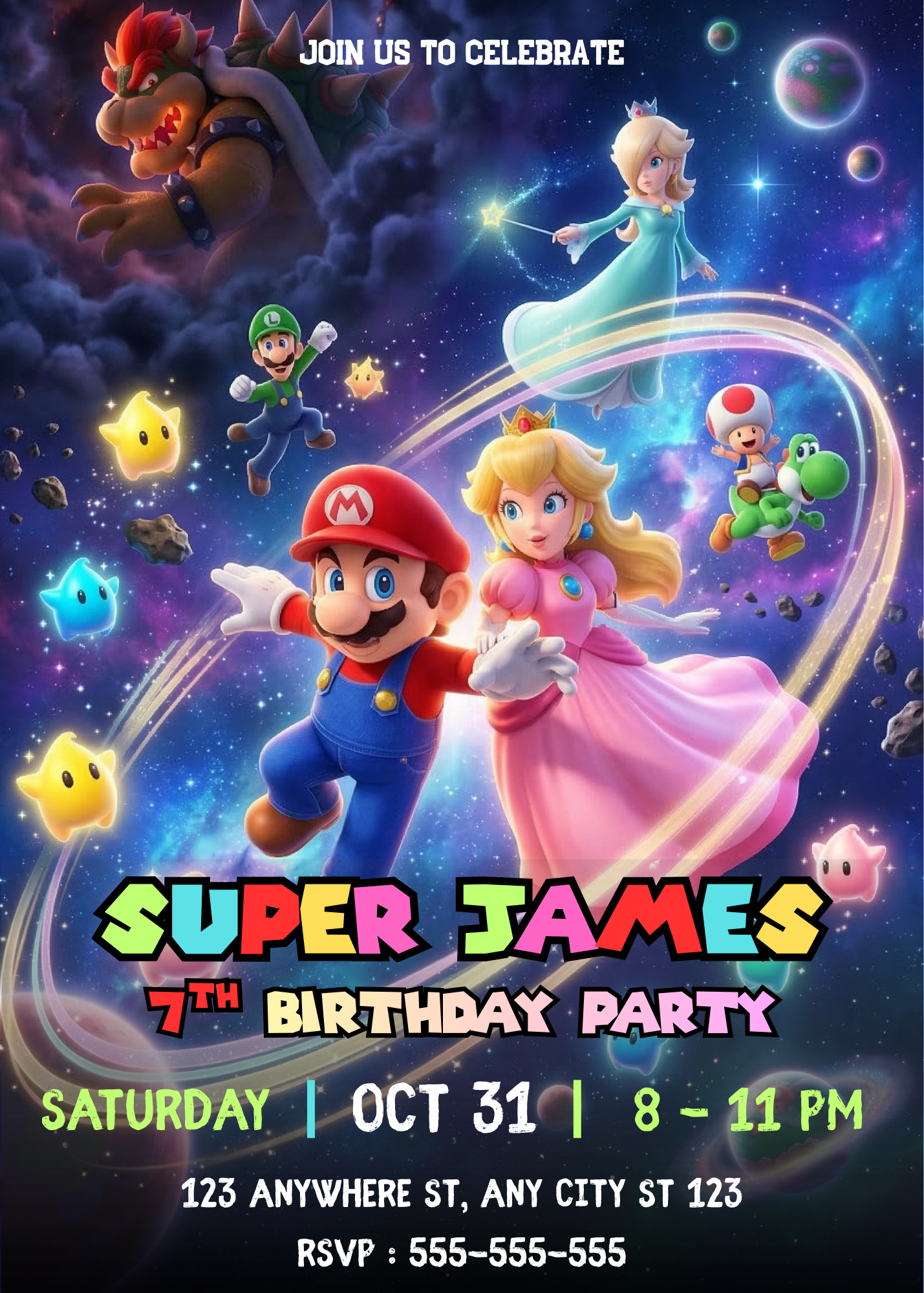 Editable Princess Peach Birthday Invitation, Mario Galaxy Birthday Invite, Outer Space Party Canva Template CreativeRino