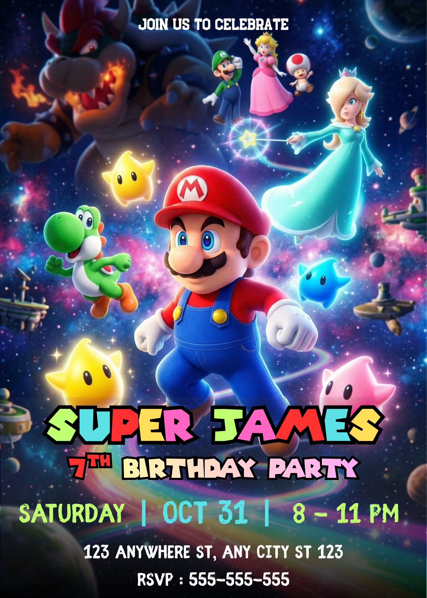 Editable Super Mario Galaxy Birthday Invitation, Outer Space Party Invite Canva Template CreativeRino
