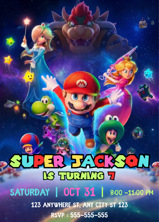 Super Mario Galaxy Birthday Invitation | Mario Space Theme Party Invite CreativeRino