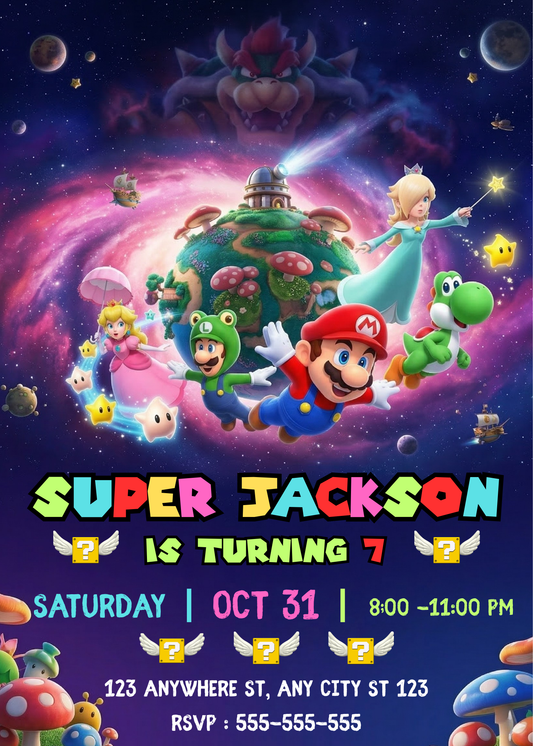 Super Mario Galaxy Birthday Invitation Template | Mario Space Theme Party Invite CreativeRino
