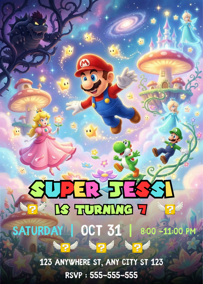 Mario Galaxy Birthday Invitation, Editable Fairytale Theme Party Canva Template CreativeRino