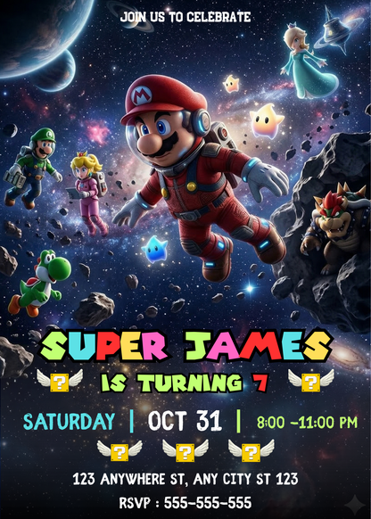 Mario Galaxy Birthday Invitation, Editable Astronaut Outer Space Party Canva Template CreativeRino