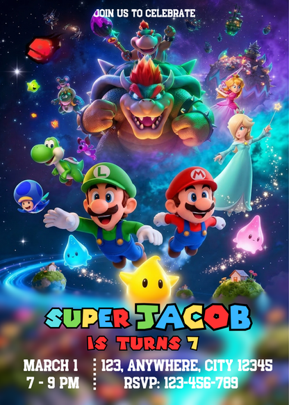 Super Mario Galaxy Birthday Invitation | Mario Space Theme Party Invite | Editable Mario Birthday Invite | Printable Kids Video Game Party Invitation CreativeRino