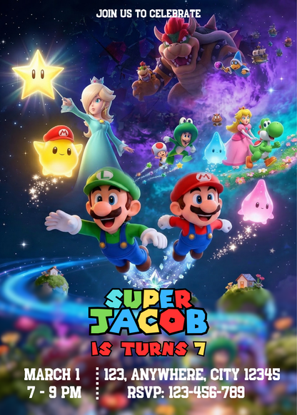 Editable Super Mario Galaxy Birthday Invitation | Mario Space Party Invite | Kids Mario Birthday Invitation | Printable Video Game Party Invite CreativeRino