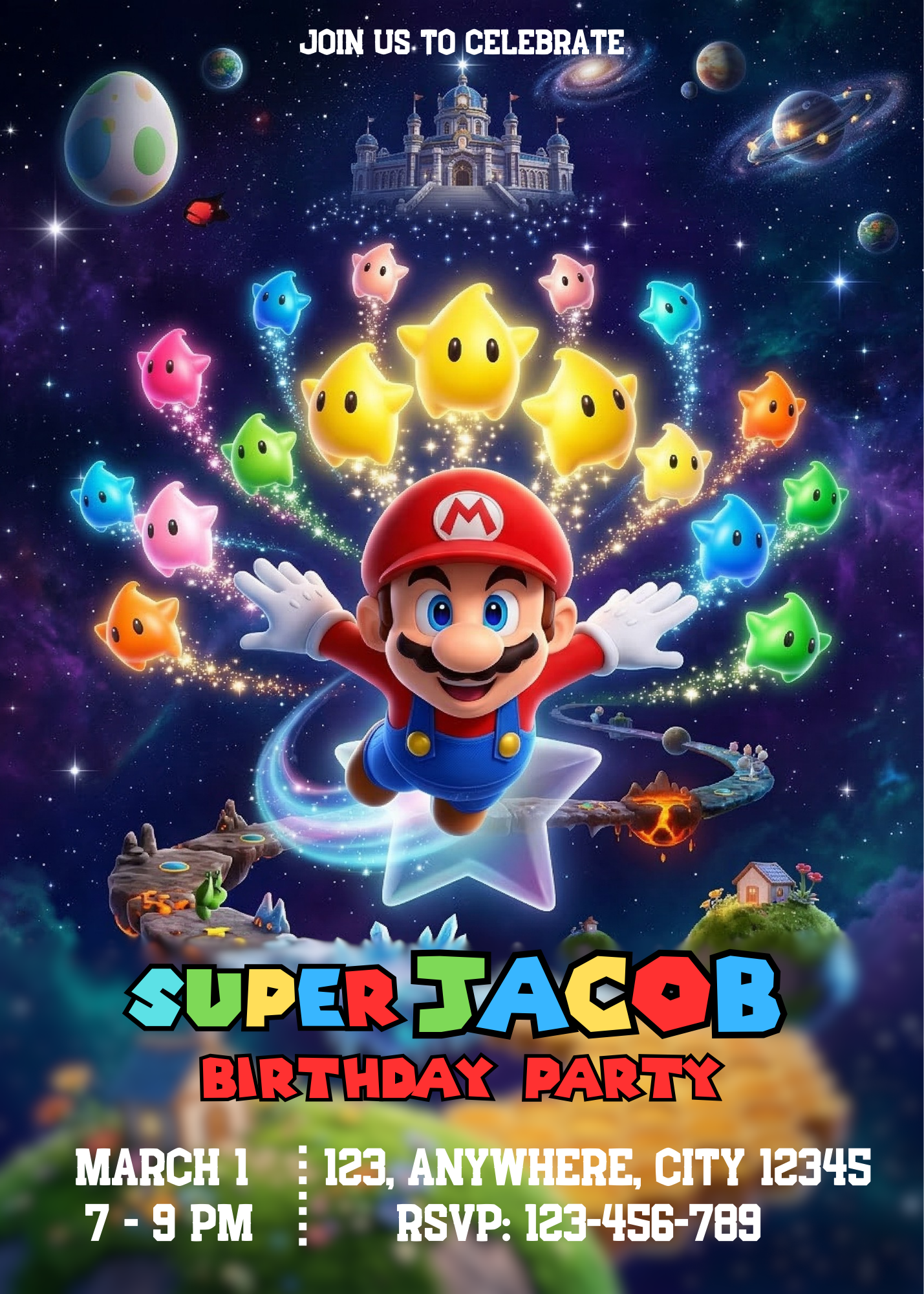 Super Mario Galaxy Party Invitation | Mario Birthday Invite Template | Space Mario Kids Birthday Invitation | Instant Download Printable CreativeRino