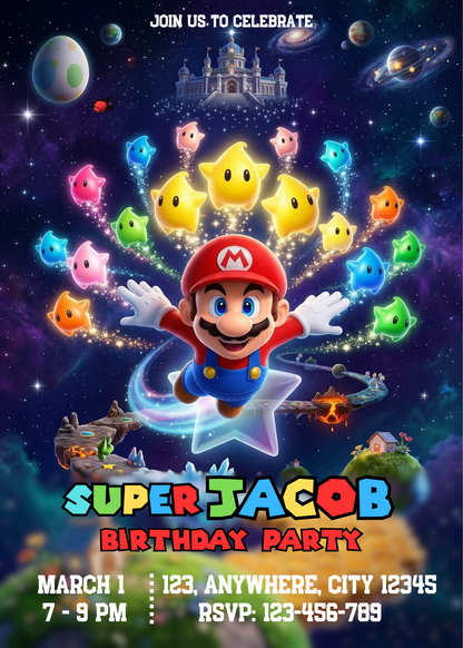 Super Mario Galaxy Party Invitation | Mario Birthday Invite Template | Space Mario Kids Birthday Invitation | Instant Download Printable CreativeRino