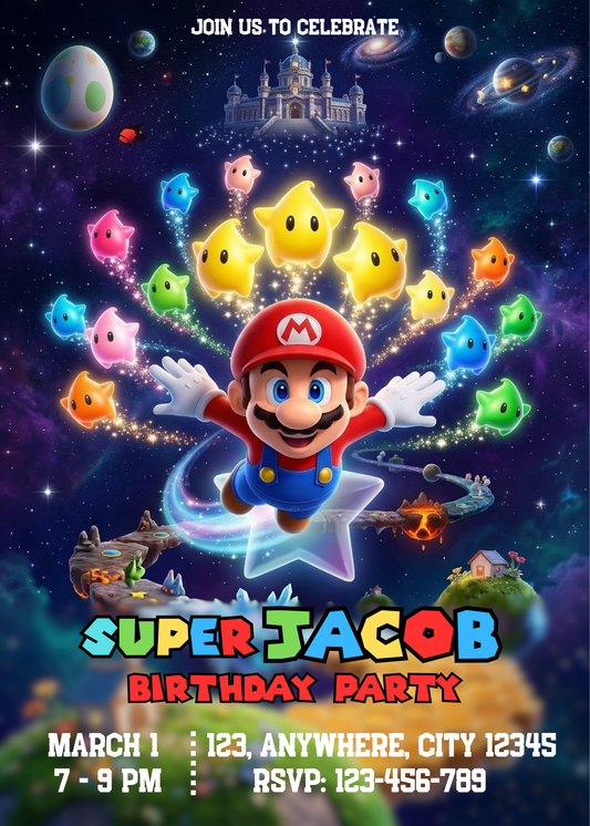 Super Mario Galaxy Party Invitation | Mario Birthday Invite Template | Space Mario Kids Birthday Invitation | Instant Download Printable CreativeRino