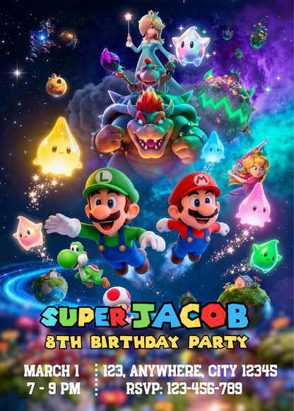Printable Super Mario Galaxy Birthday Invitation | Mario Video Game Party Invite | Editable Mario Space Theme Invitation CreativeRino