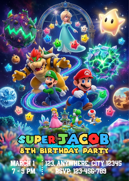 Super Mario Galaxy Kids Birthday Invitation | Mario Space Party Invite | Editable Printable Mario Birthday Invitation CreativeRino