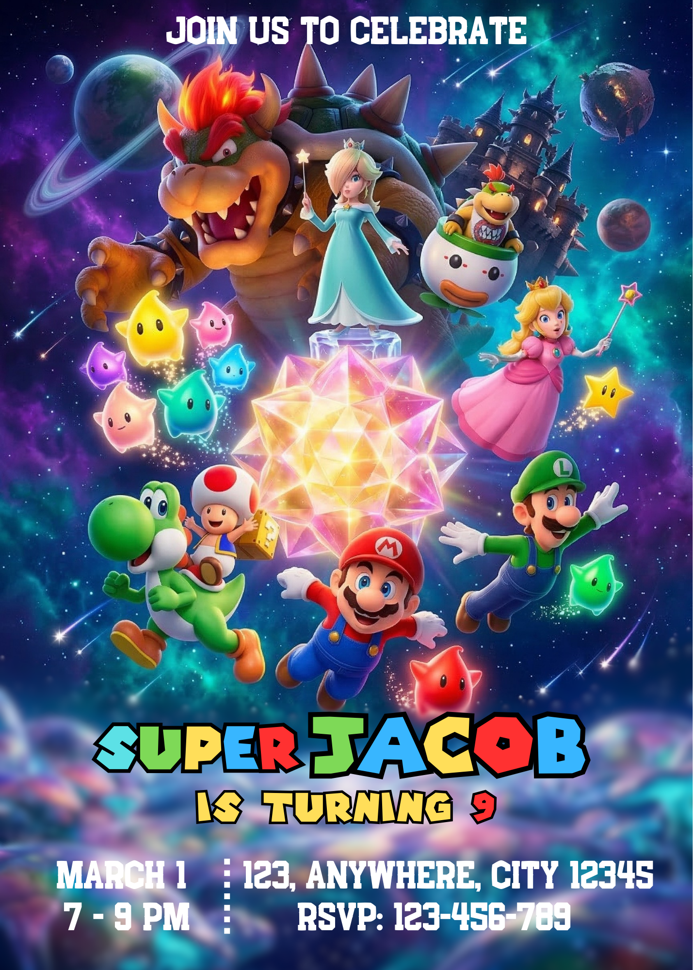 Super Mario Galaxy Birthday Invitation Template | Mario Space Theme Party Invite | Editable Mario Kids Birthday Invite | Printable Video Game Invitation CreativeRino