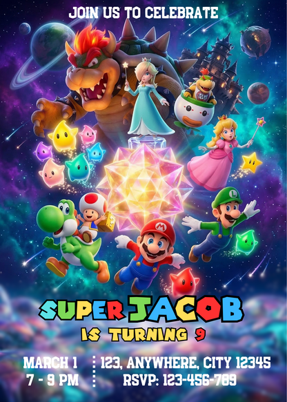 Super Mario Galaxy Birthday Invitation Template | Mario Space Theme Party Invite | Editable Mario Kids Birthday Invite | Printable Video Game Invitation CreativeRino