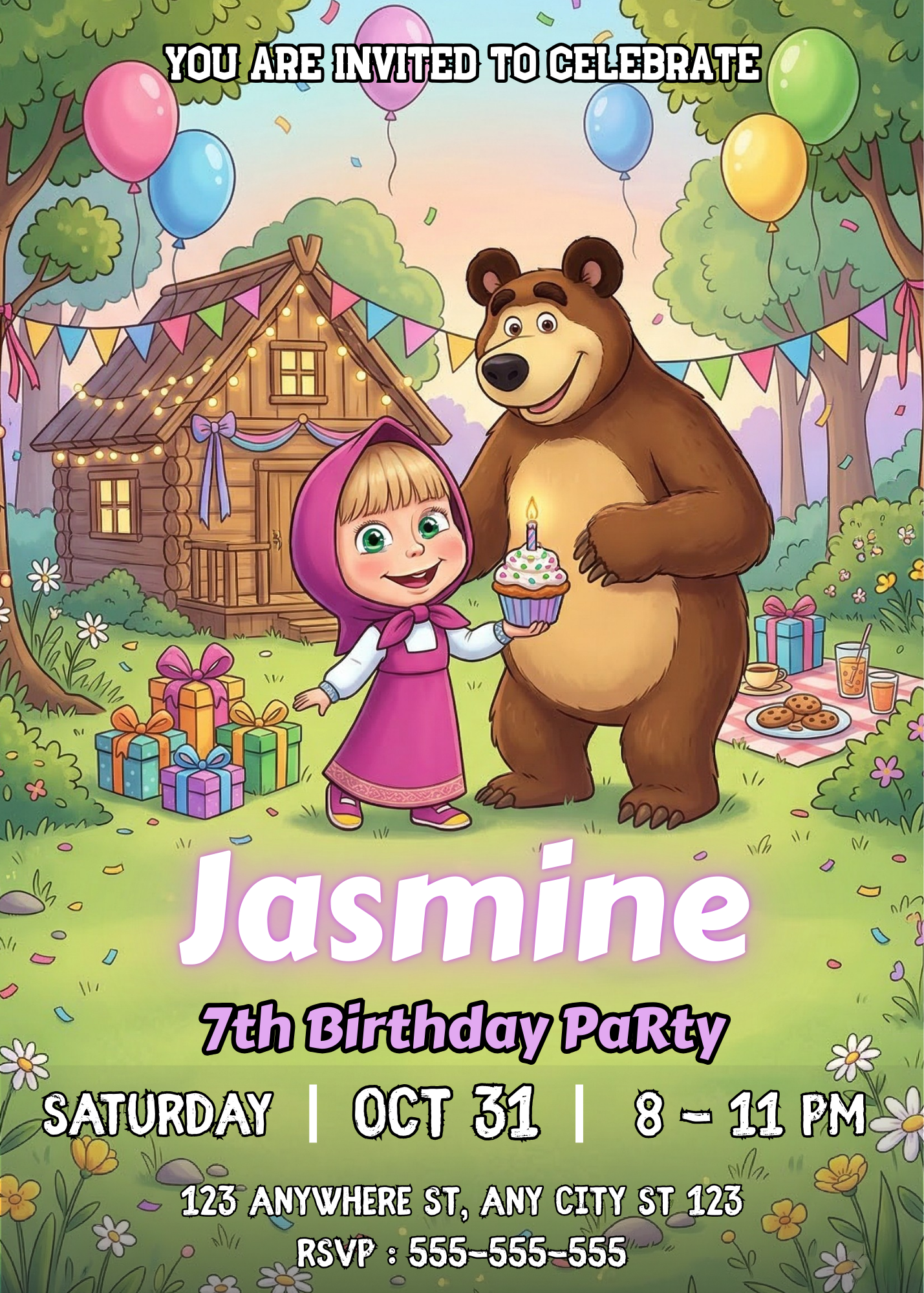 Masha and the Bear Birthday Invitation Template | Editable Kids Party Invite CreativeRino