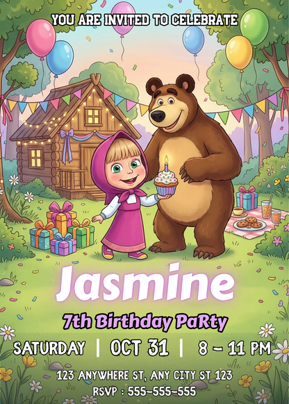 Masha and the Bear Birthday Invitation Template | Editable Kids Party Invite CreativeRino
