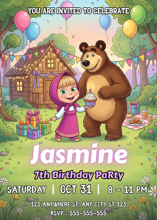 Masha and the Bear Birthday Invitation Template | Editable Kids Party Invite CreativeRino