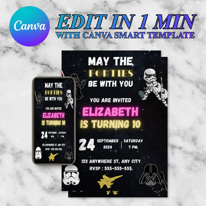 May the Forties Be With You Galaxy Star Wars Birthday Invitation Template CreativeRino