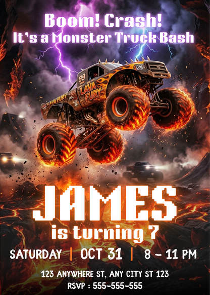 Monster Truck Birthday Invitation Template | Editable Truck Party Invite CreativeRino