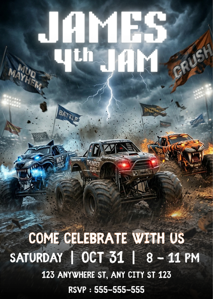 Monster Truck Birthday Invitation | Editable Monster Truck Jam Party Invite CreativeRino