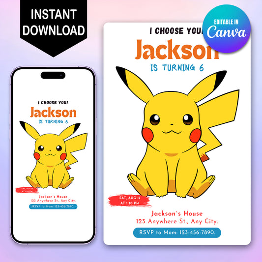 Pikachu Pokemon Birthday Party Invitation Template - CreativeRino