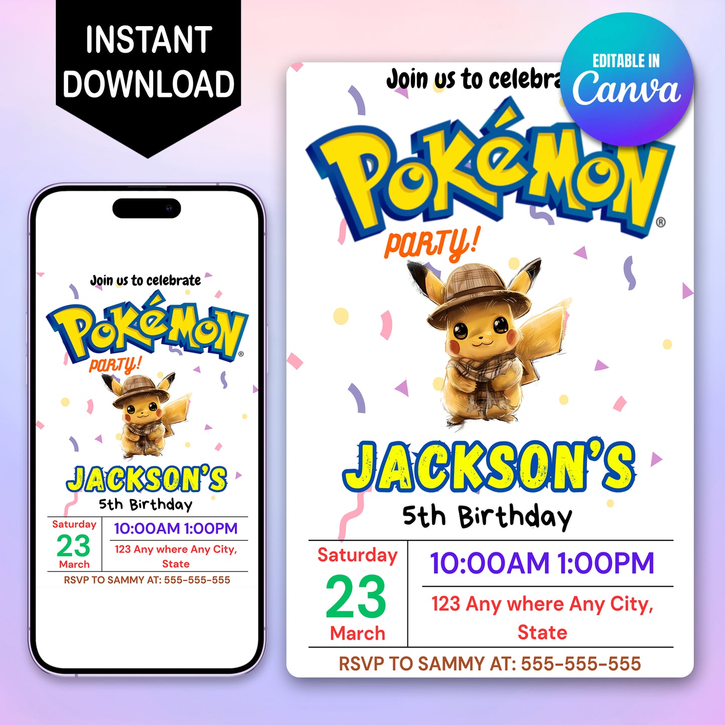 Detective Pikachu Birthday Party Invitation Template | Pokemon Invite - CreativeRino