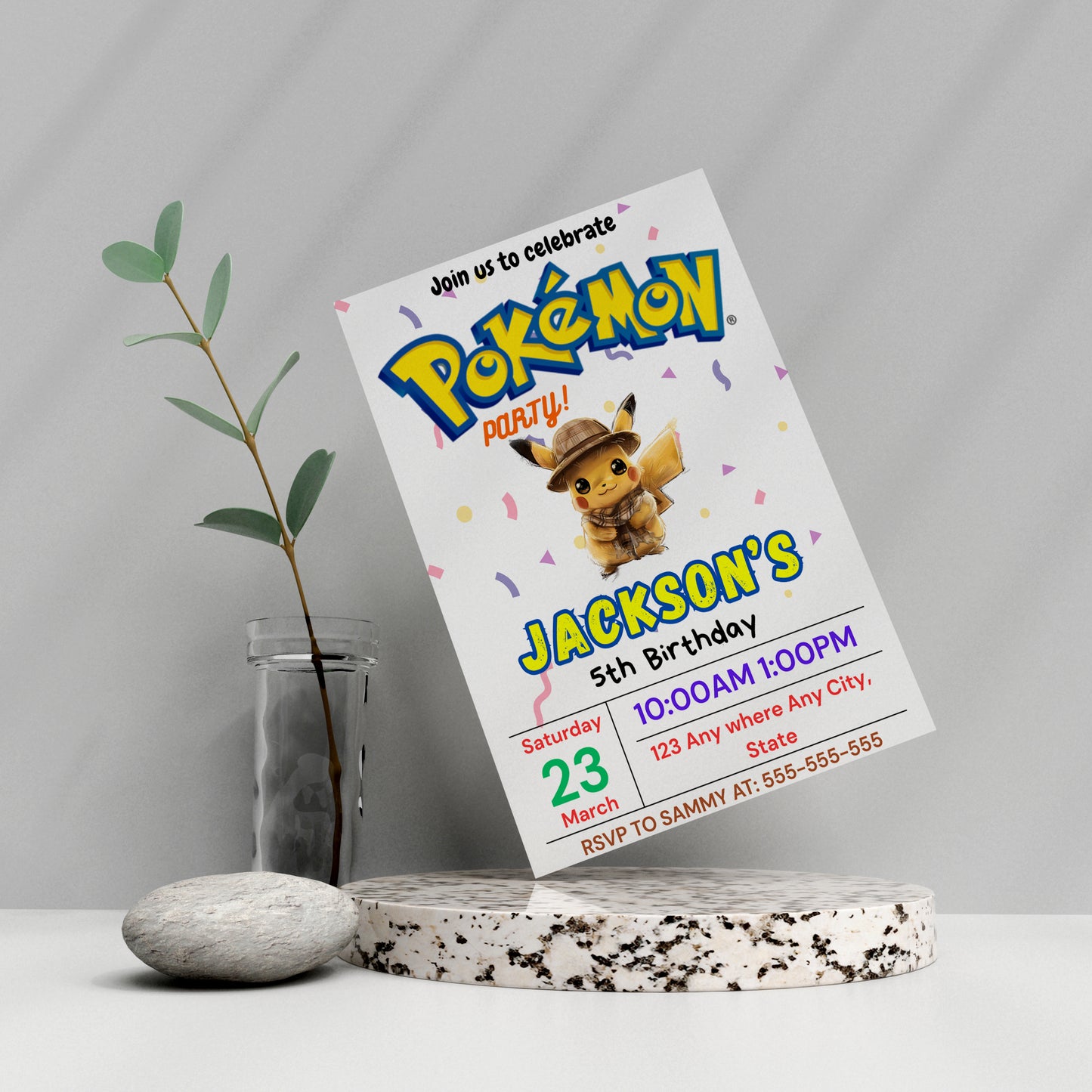 Detective Pikachu Birthday Party Invitation Template | Pokemon Invite - CreativeRino