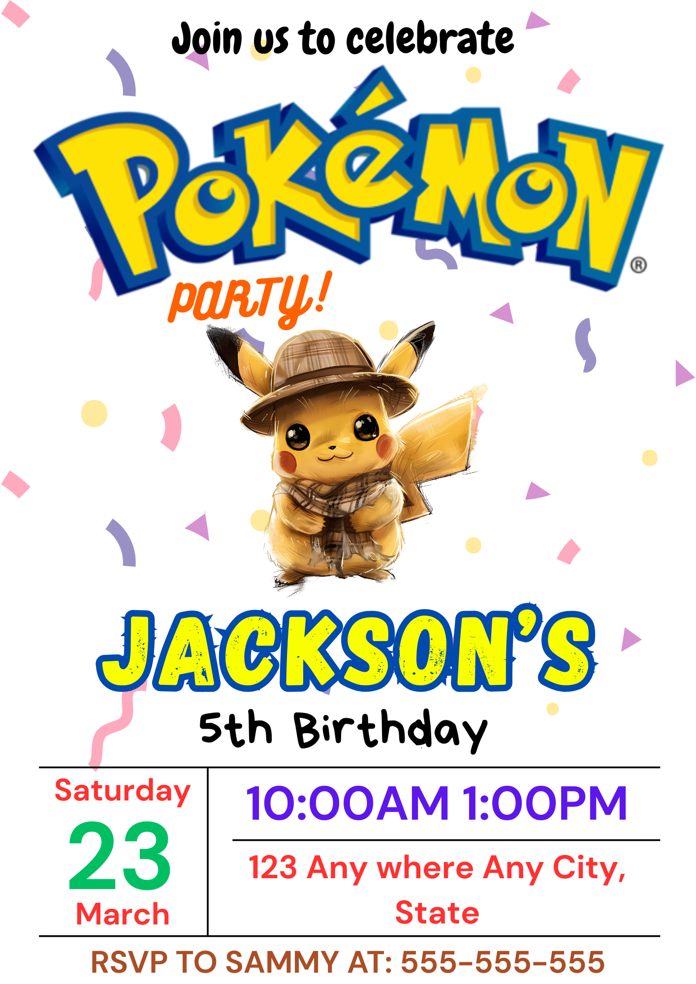 Detective Pikachu Birthday Party Invitation Template | Pokemon Invite - CreativeRino