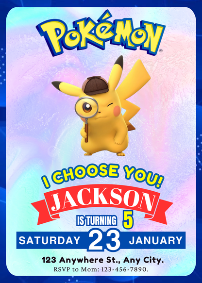 Detective Pikachu Invitation Template | Pokemon Birthday Invite - CreativeRino