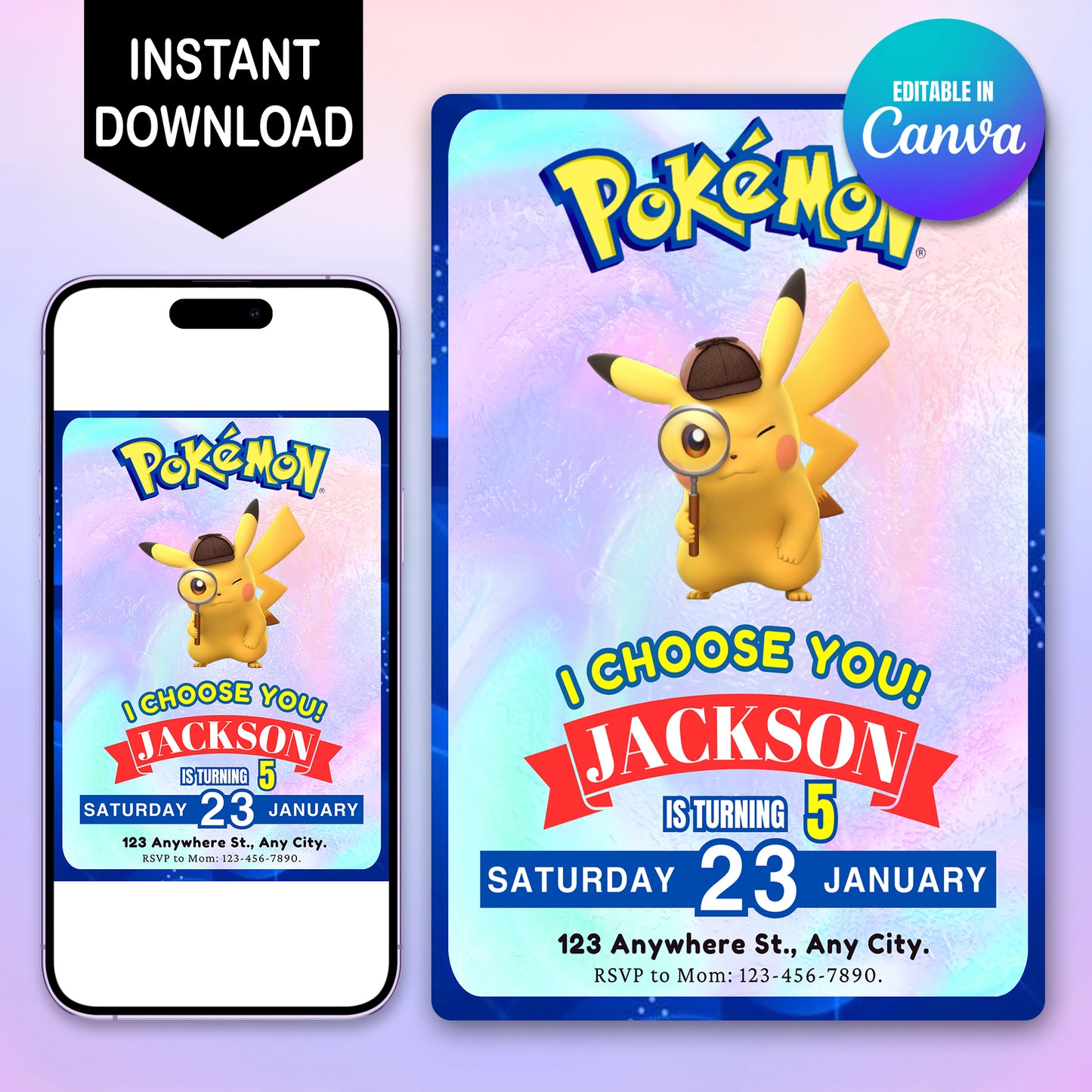 Detective Pikachu Invitation Template | Pokemon Birthday Invite - CreativeRino