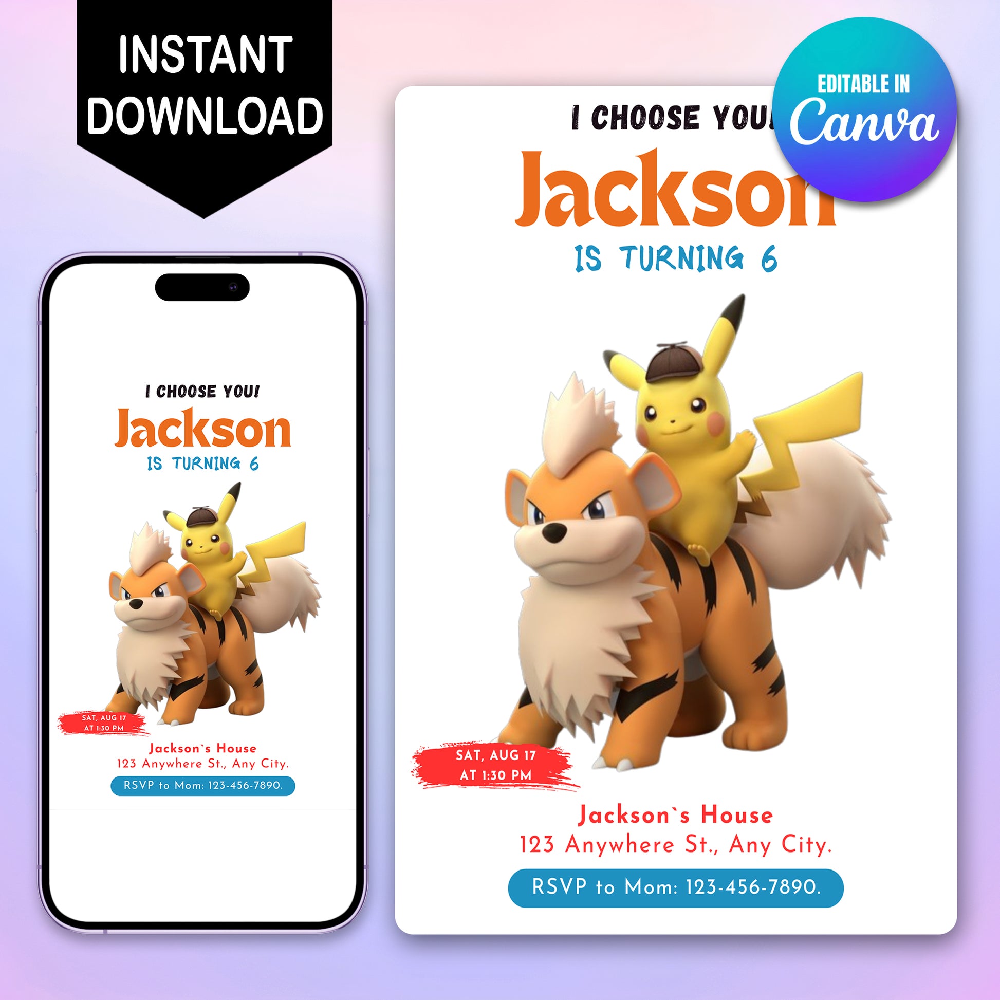 Detective Pikachu Pokemon Birthday Party Invitation Template - CreativeRino