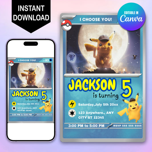 Detective Pikachu Invitation Template | Pokemon Card Birthday Invite - CreativeRino