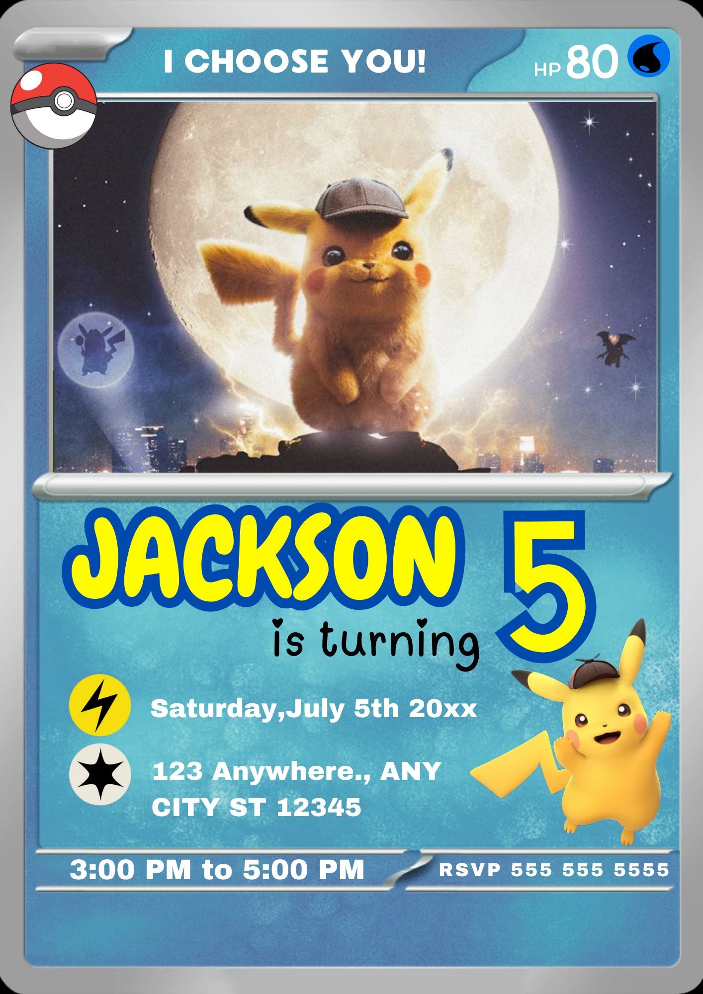 Detective Pikachu Invitation Template | Pokemon Card Birthday Invite - CreativeRino