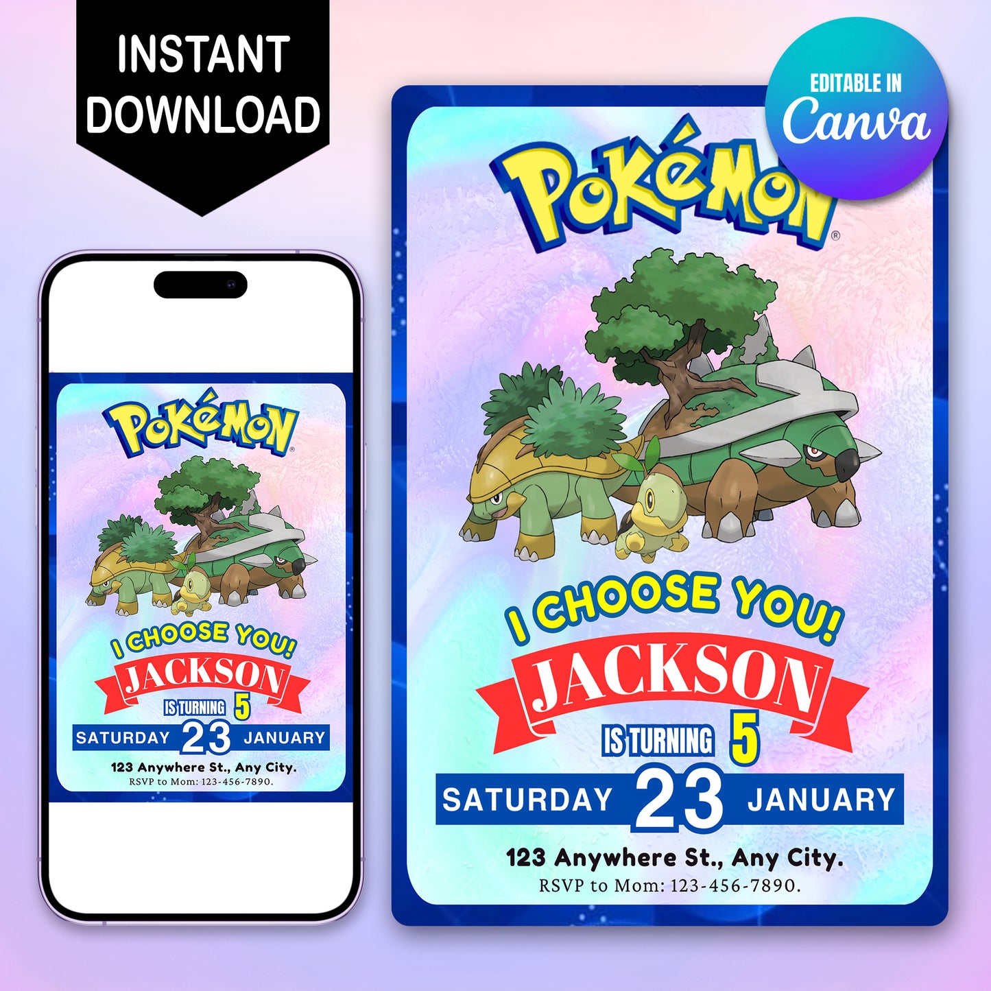 Torterra Invitation Template | Pokemon Birthday Invite - CreativeRino
