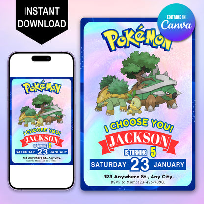 Torterra Invitation Template | Pokemon Birthday Invite - CreativeRino