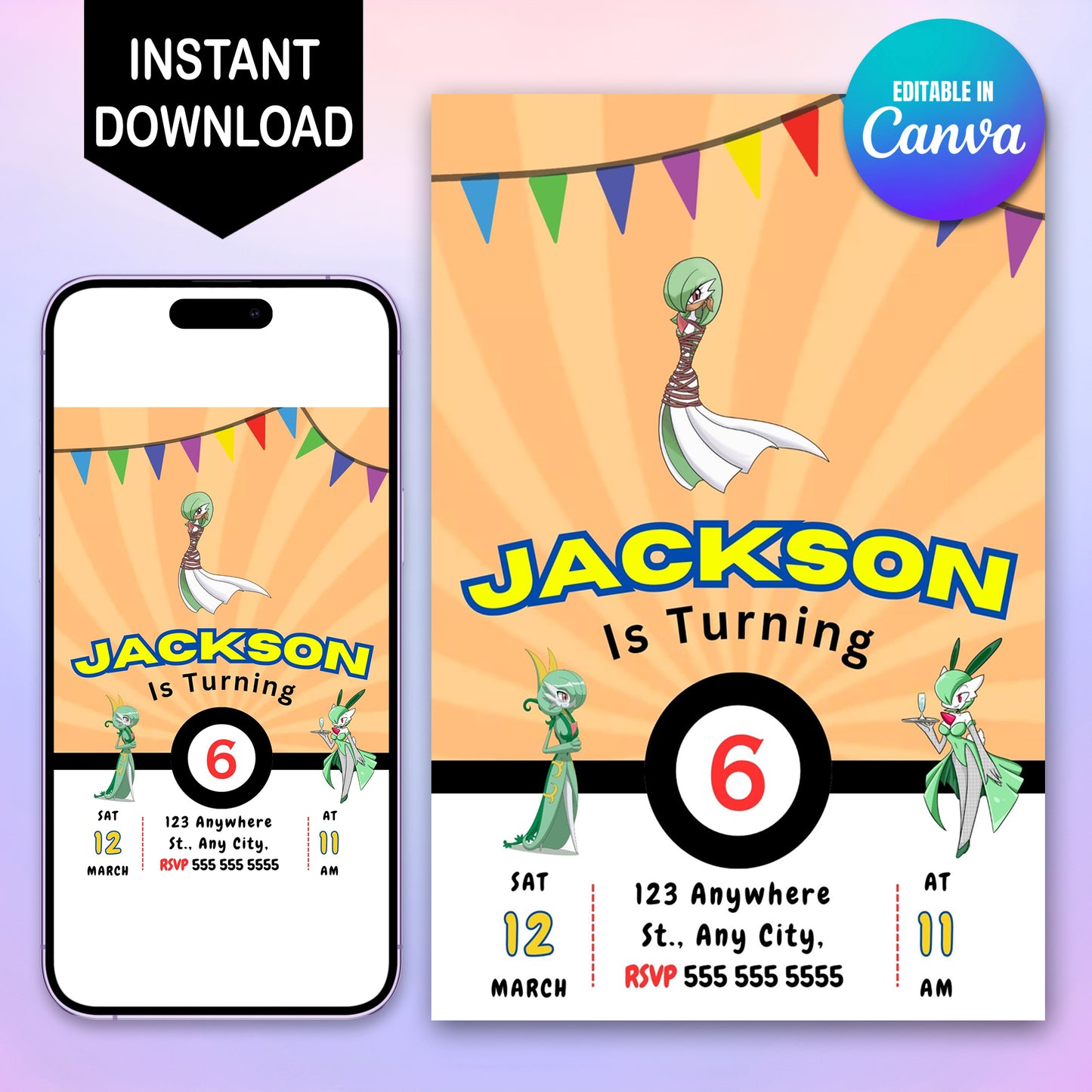 Gardevoir Pokemon Birthday Party Invitation Template - CreativeRino