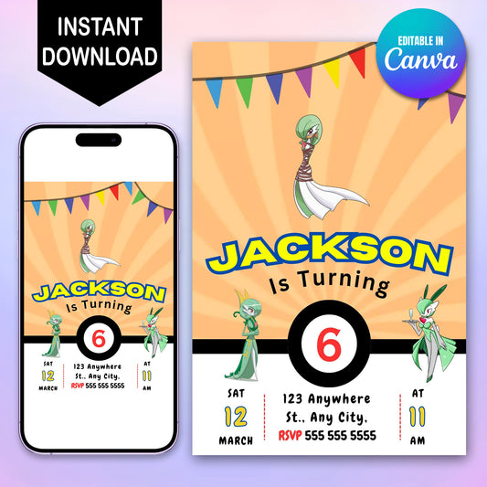 Gardevoir Pokemon Birthday Party Invitation Template - CreativeRino