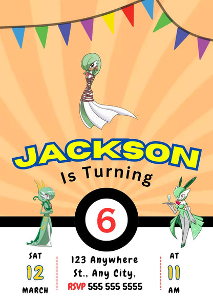 Gardevoir Pokemon Birthday Party Invitation Template - CreativeRino