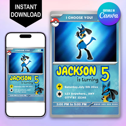 Lucario Invitation Template | Pokemon Card Birthday Invite - CreativeRino