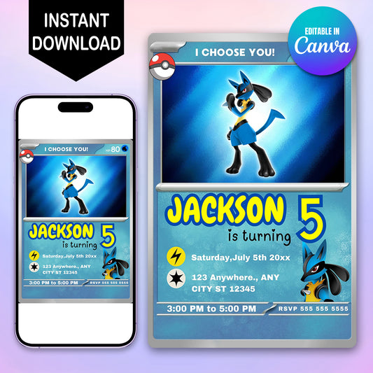 Lucario Invitation Template | Pokemon Card Birthday Invite - CreativeRino