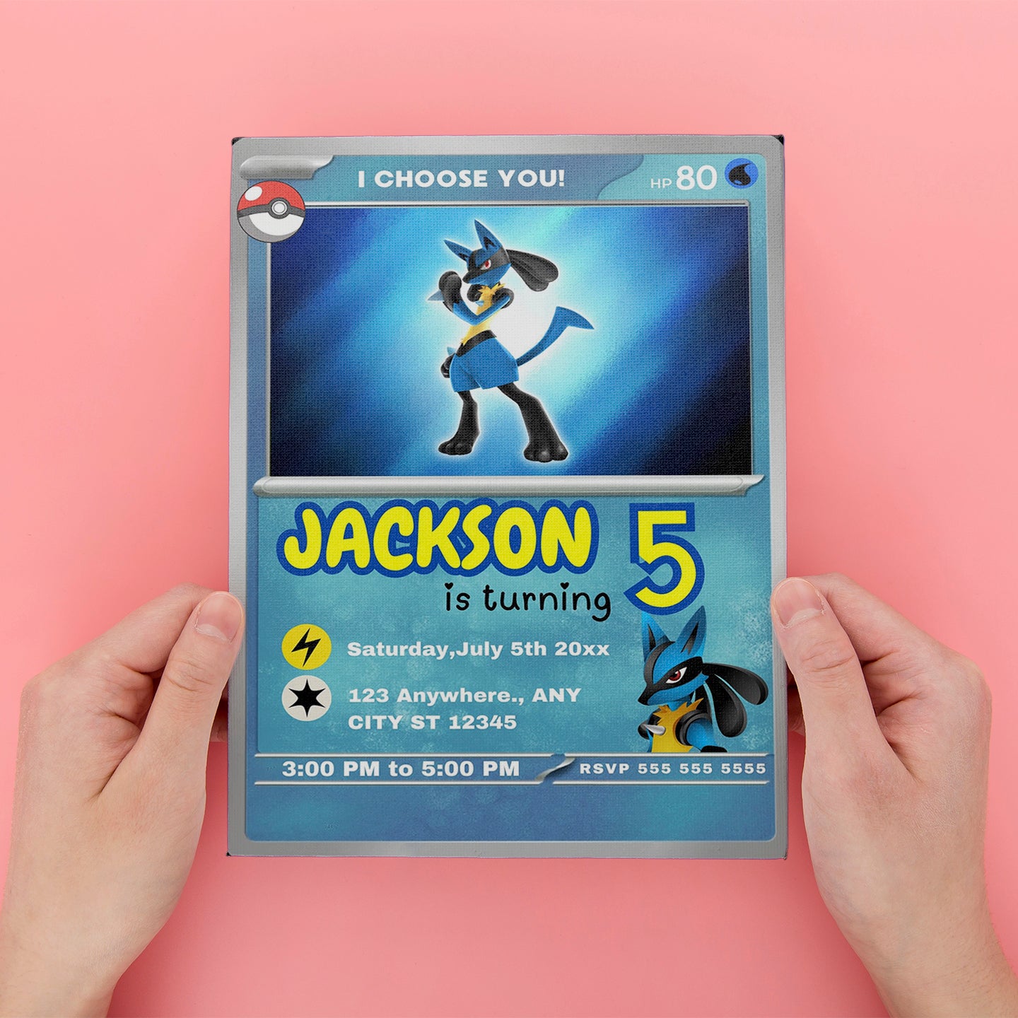 Lucario Invitation Template | Pokemon Card Birthday Invite - CreativeRino