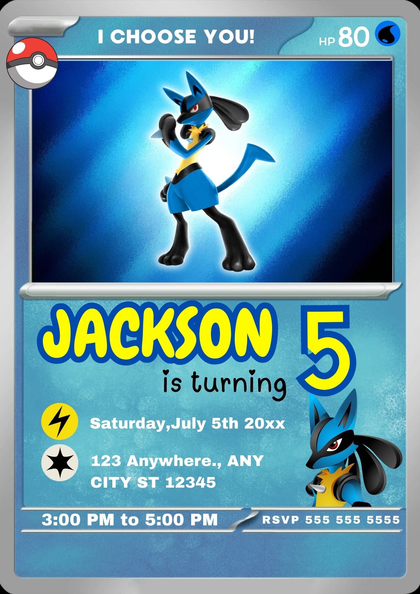 Lucario Invitation Template | Pokemon Card Birthday Invite - CreativeRino