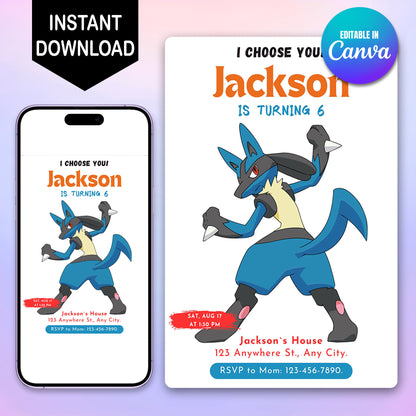 Lucario Birthday Party Invitation Template | Pokemon Invite - CreativeRino