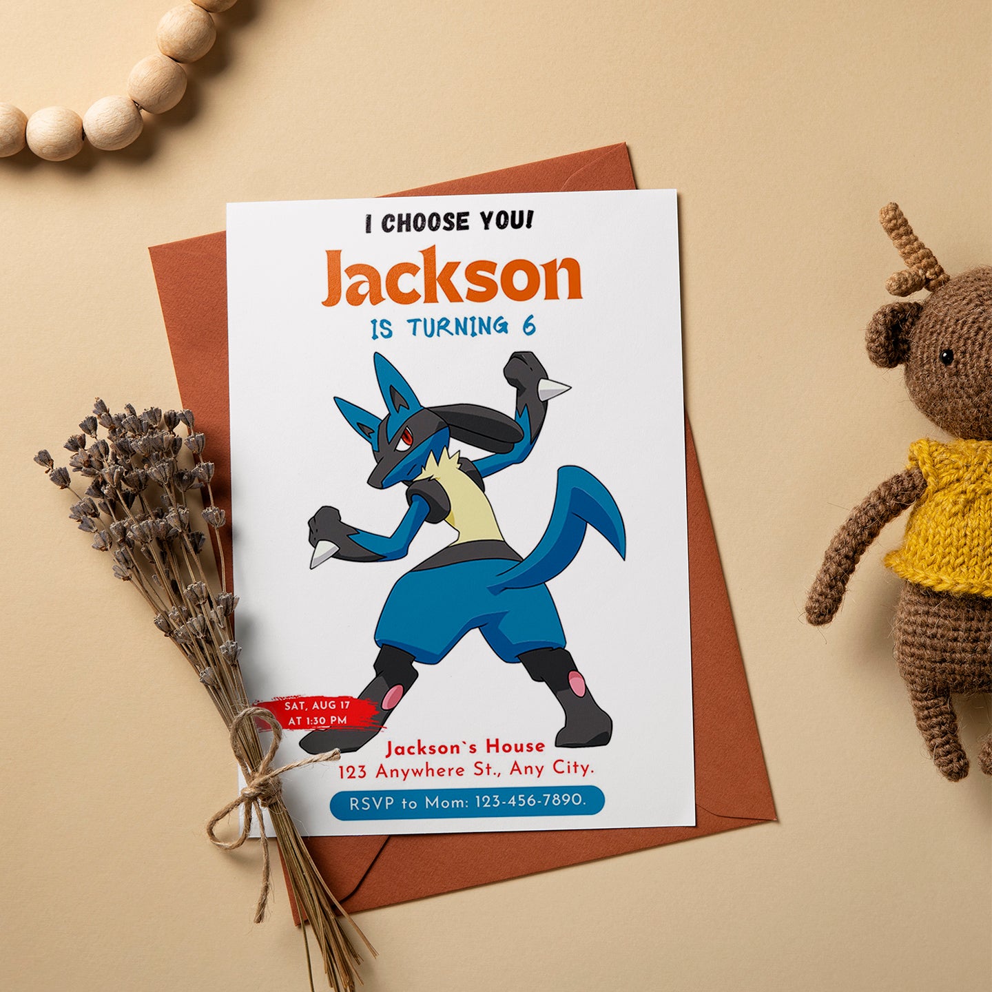 Lucario Birthday Party Invitation Template | Pokemon Invite - CreativeRino