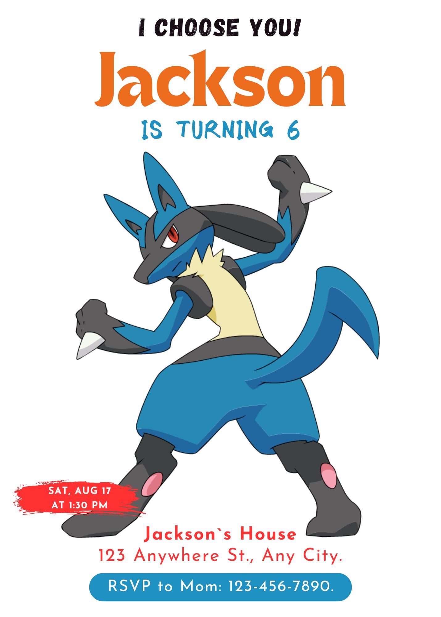 Lucario Birthday Party Invitation Template | Pokemon Invite - CreativeRino