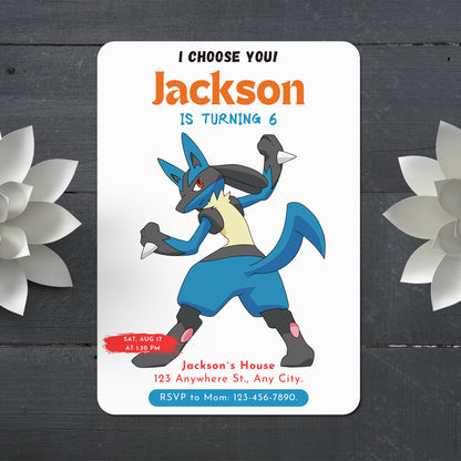 Lucario Birthday Party Invitation Template | Pokemon Invite - CreativeRino