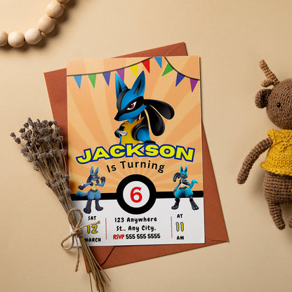 Lucario Pokemon Birthday Party Invitation Template - CreativeRino